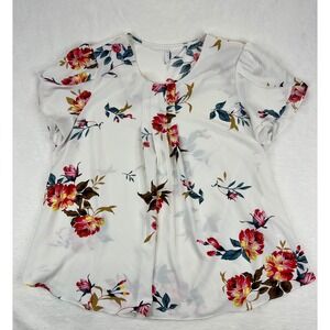 Bestbee Women's‎ 2XL White Floral Print Pleated Short Sleeve Blouse Top